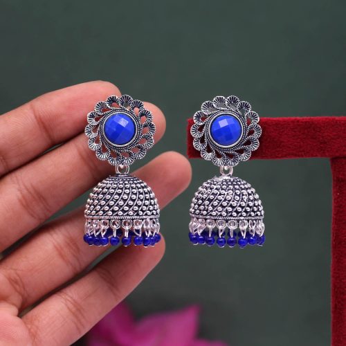 Blue Color Oxidised Mint Meena Earrings