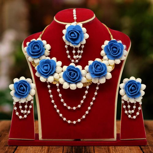 Blue Color Synthetic Rose Floral Necklace Set
