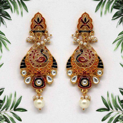 Gold Color Kundan Meenakari Earrings