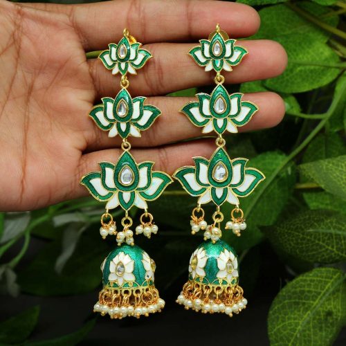 Green Color Glass Stone Meenakari Earrings