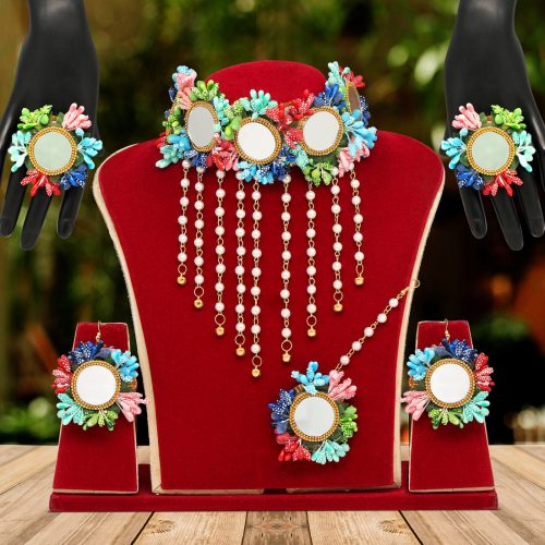 Multi Color Mirror Work Synthetic Rose Floral Bridal Set