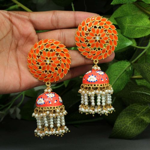 Orange Color Glass Stone Meenakari Earrings