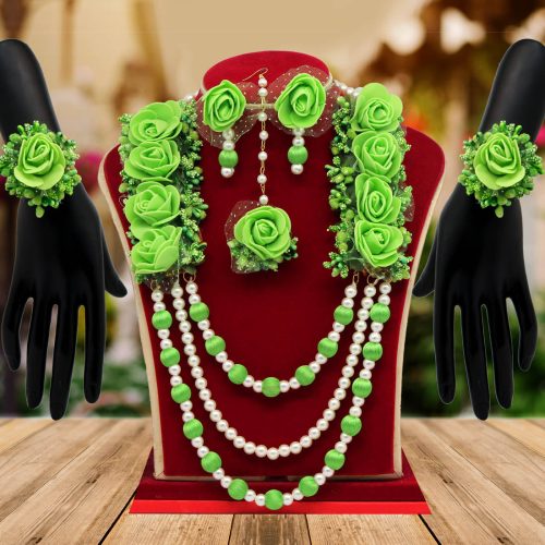 Parrot Green Color Synthetic Rose Floral Necklace Set