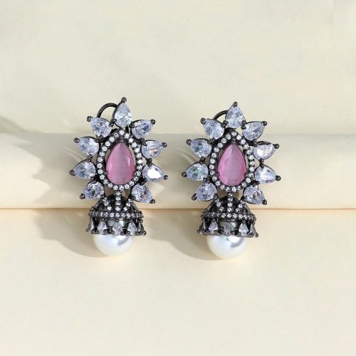 Pink Color American Diamond Earrings