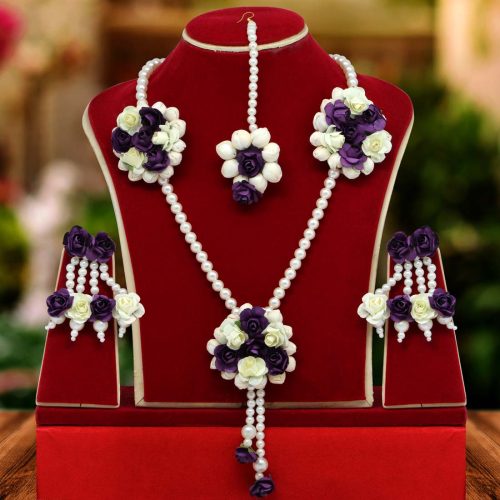 Purple & White Color Synthetic Rose Floral Necklace Set