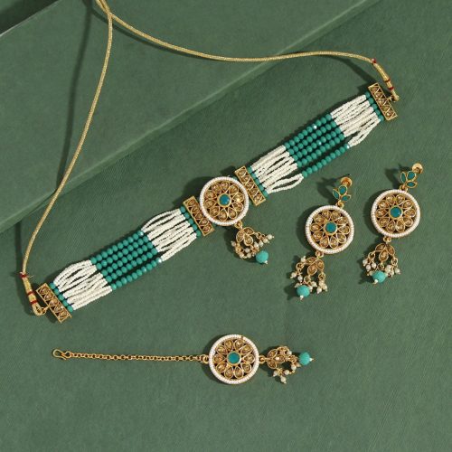 Rama Green Color Choker Meenakari Necklace Set