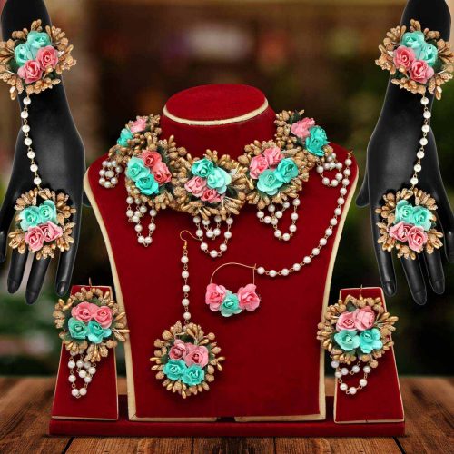 Rama Green Color Synthetic Rose Floral Bridal Set