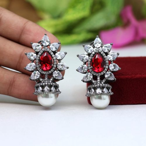 Red Color American Diamond Earrings