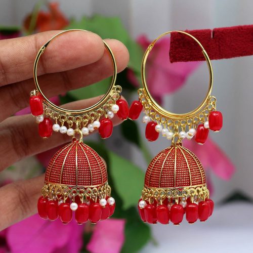 Red Color Mint Meena Earrings