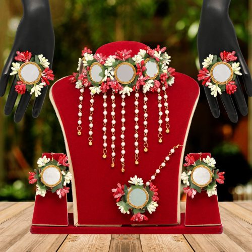 Red Color Mirror Work Synthetic Rose Floral Bridal Set