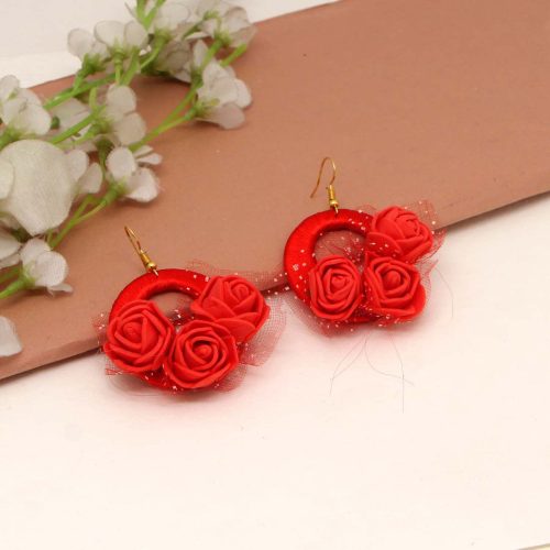 Red Color Thread Floral Earrings
