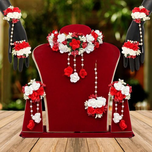 Red & White Color Synthetic Rose Floral Bridal Set