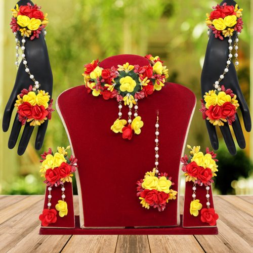 Red & Yellow Color Synthetic Rose Floral Bridal Set