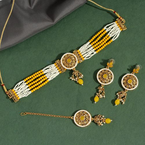 Yellow Color Choker Meenakari Necklace Set