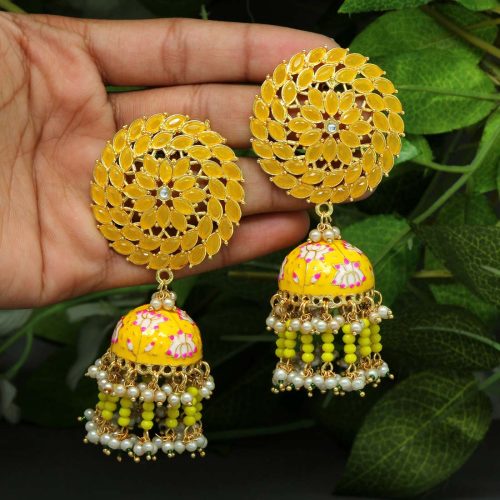 Yellow Color Glass Stone Meenakari Earrings
